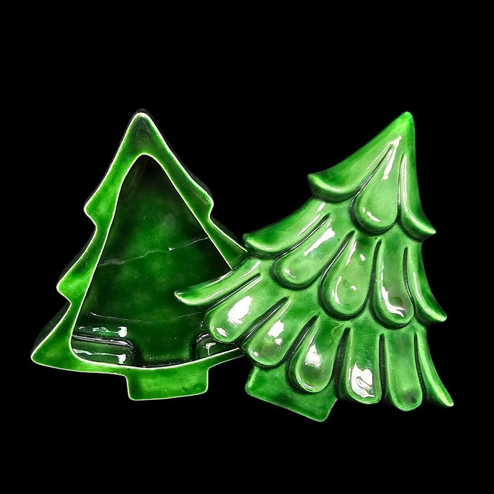 Vintage 80s Ceramic Christmas Tree Trinket Box Holiday Decor Lid and‎ Bottom